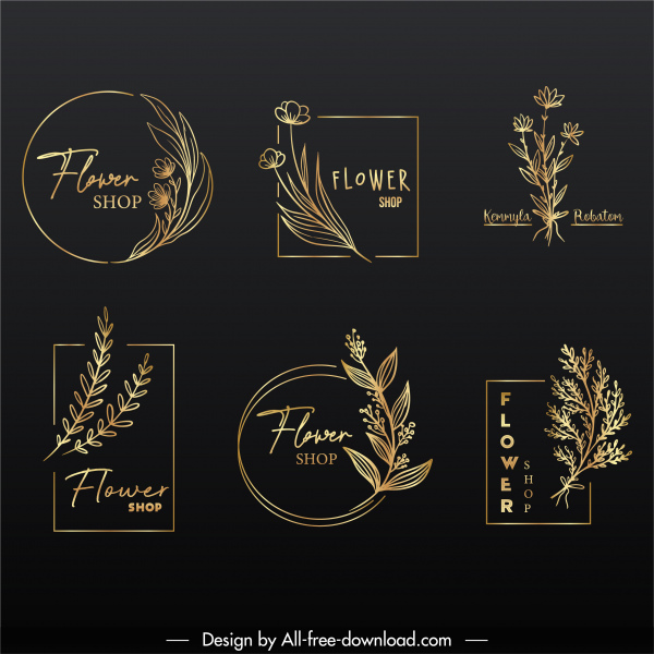 template logo bunga elegan retro emas handdrawn