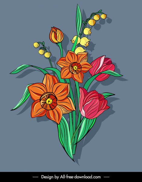 花画盛开素描五颜六色的古典设计