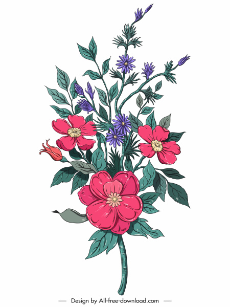 زهرة اللوحة الملونة الرجعية رسم تزهر الديكور