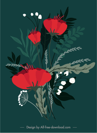 ภาพวาดดอกไม้การออกแบบ handdrawn คลาสสิกสีเข้ม