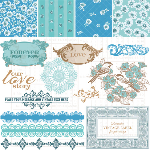 Flower Pattern And Labels With Border Design Elements Vector