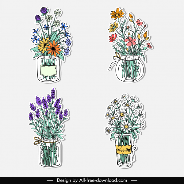ícones vasos de flores elegante esboço clássico desenhado à mão