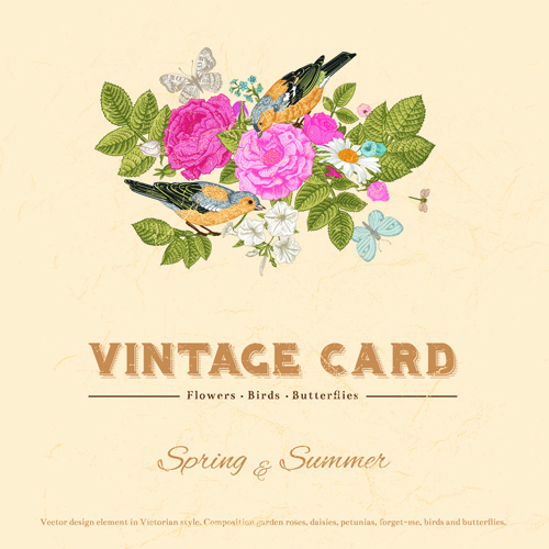 bunga dengan burung dan kupu-kupu vektor vintage kartu