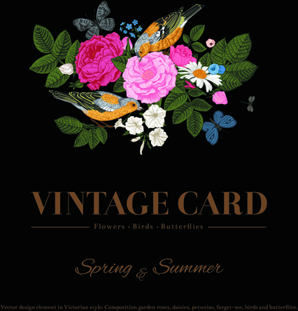 bunga dengan burung dan kupu-kupu vektor vintage kartu