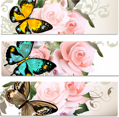 vetores de bandeiras de flores e borboletas