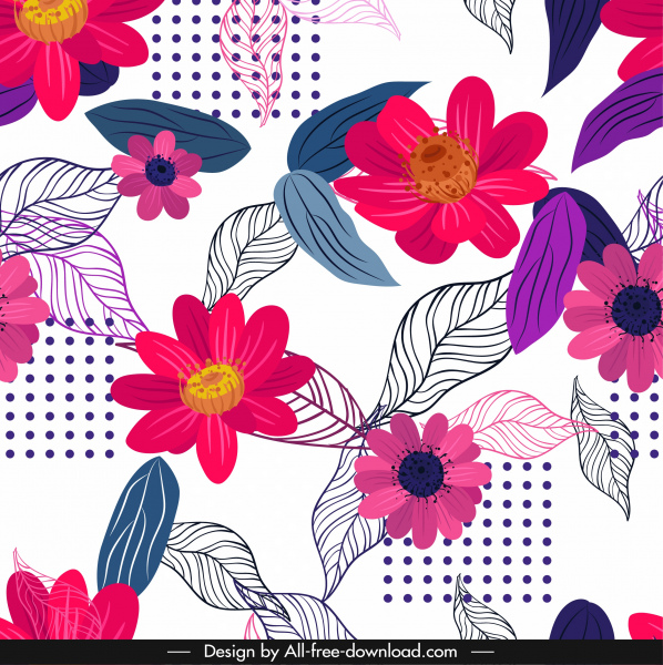 bunga latar belakang warna-warni flora daun sketsa desain klasik