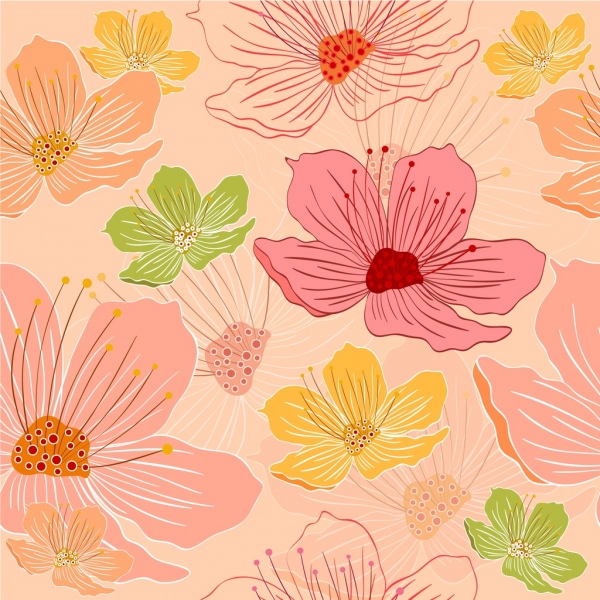 カラフルな手描きアイコンを背景の花