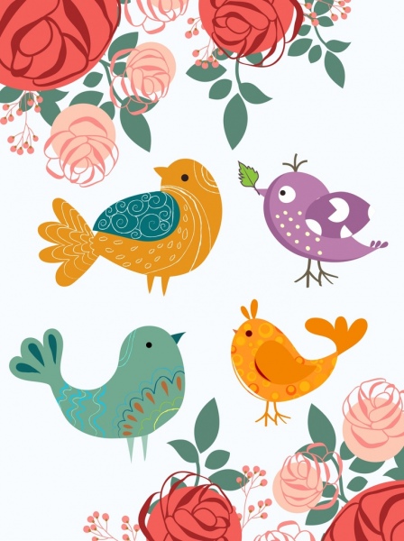 Pássaros flores fundo projeto colorido dos desenhos animados