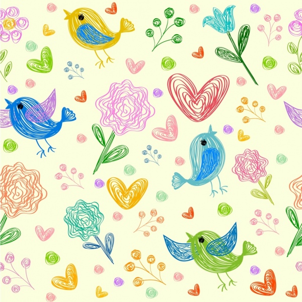 design de fleurs oiseaux coeurs fond coloré dessinés à la main