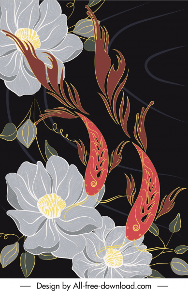 꽃 잉어 그림 다채로운 고전적인 동양 디자인