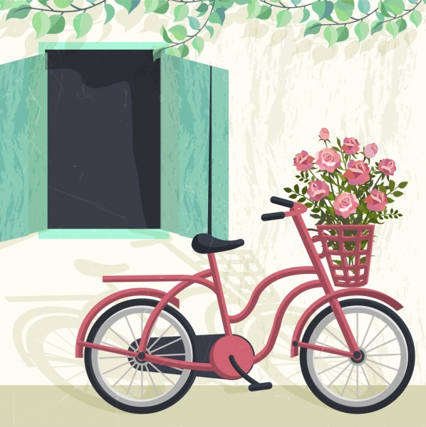 decoração de flores, decoração de bicicleta rosa janela de desenho