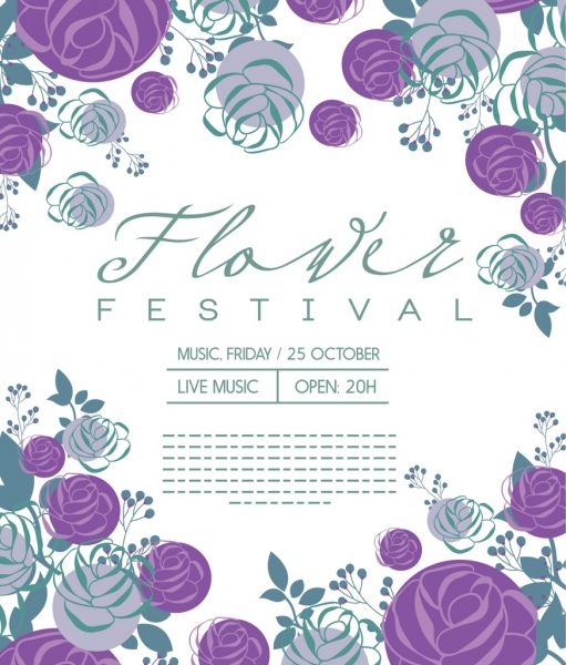 festival de flores de la bandera varios iconos florales violetas decoración