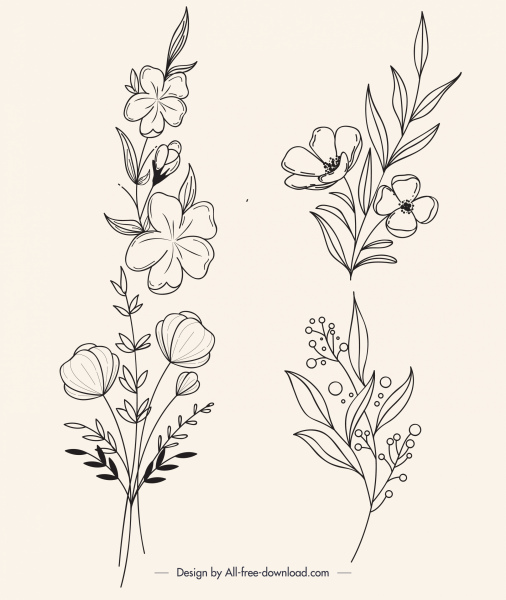 iconos de flores blanco negro dibujado a mano boceto diseño clásico