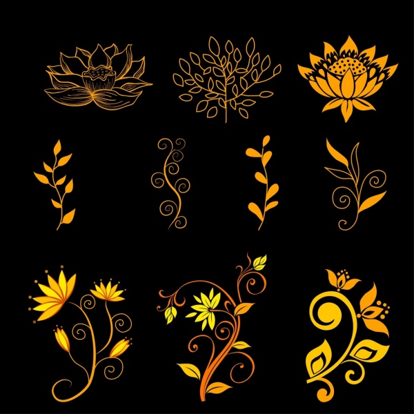 Blumen Icons Sammlung gelbe Dekoration skizzieren verschiedene Arten