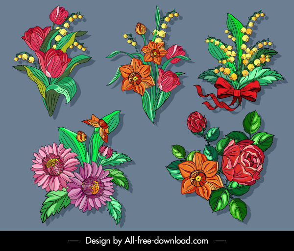 fiori icone colorato design classico