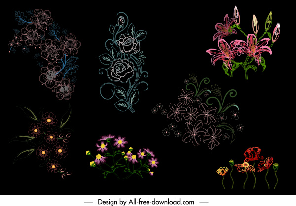 esboço de handdrawn colorido escuro flores ícones