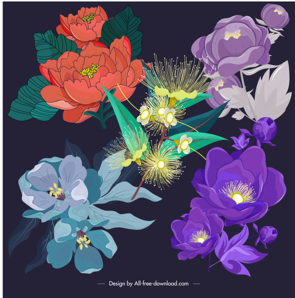 o projeto clássico colorido escuro ícones de flores