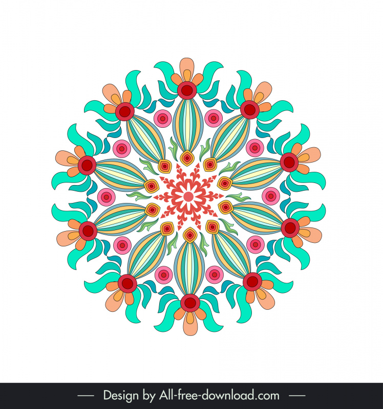 ดอกไม้ mandala สัญลักษณ์ไอคอนที่มีสีสันแบนคลาสสิกตกแต่งสมมาตร