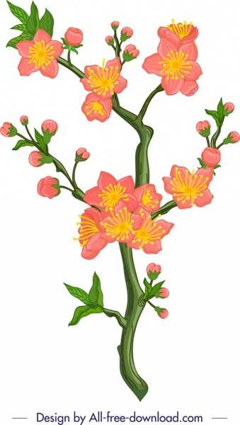 ดอกไม้ภาพวาดดอกซากุระไอคอนคลาสสิกการออกแบบที่มีสีสัน