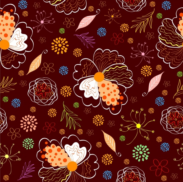 Flowers Pattern Background Colorful Repeating Hand Drawn Sketch