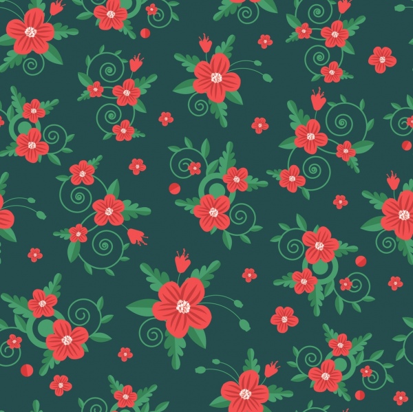 pola bunga dekorasi merah hijau klasik gelap
