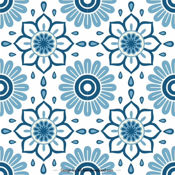 Çiçek Desen Şablonu Klasik Düz Mavi Simetrik Dekor