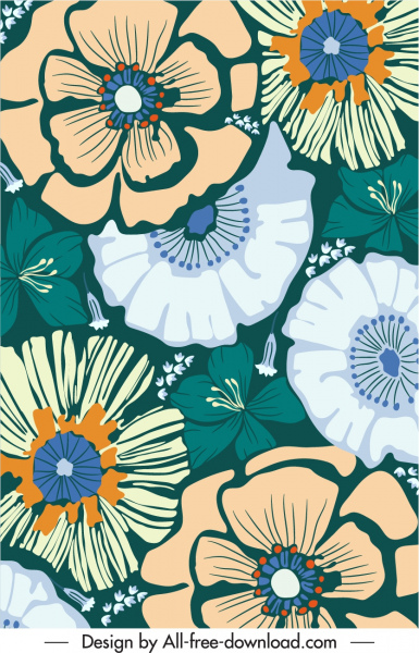 꽃 무늬 템플릿 플랫 복고풍 손으로 그린 꽃잎 스케치