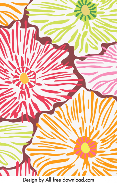 bunga pola template handdrawn sketsa warna-warni datar klasik
