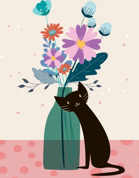 çiçek çizim kara kedi simgesi dekor pot