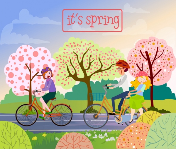 Dibujo de flores de primavera familia Riding Bicycle colored Cartoon