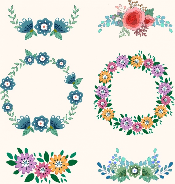 زهور إكليل تصميم عناصر الرموز الملونة