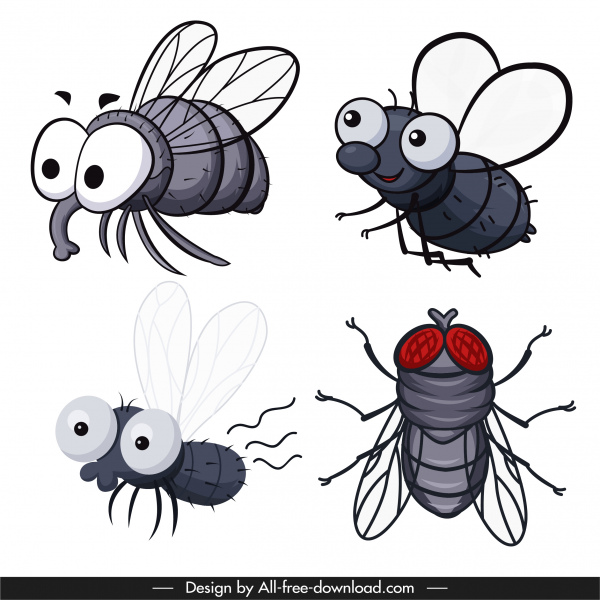 Fliegenarten Icons handgezeichnet Cartoon Skizze