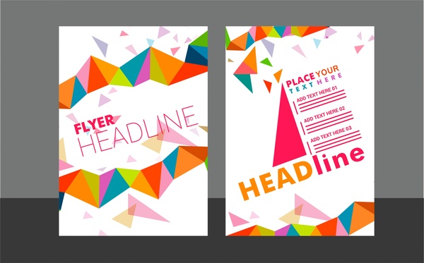 Flyer set desain berwarna-warni segitiga pada latar belakang putih