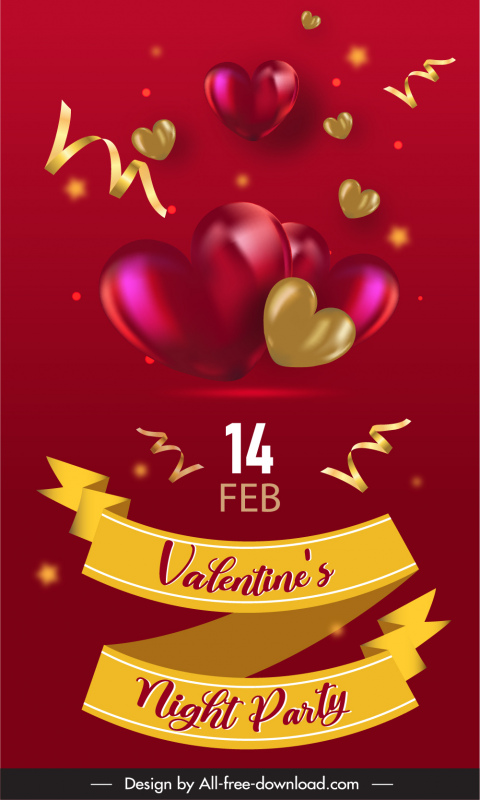 flyer modelo valentine dinâmico 3d corações balão confete ribbon decoração