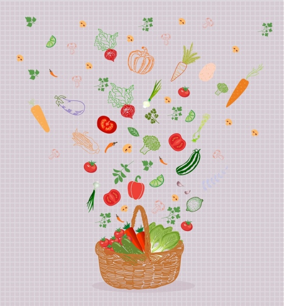 cesta de fundo de alimentos caindo ícones de vegetais design clássico