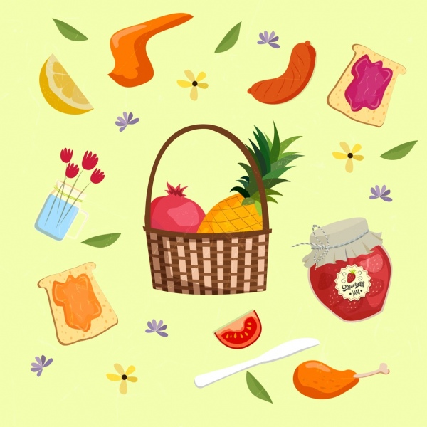 fruta de cesta de fundo alimentar jam salsicha ícones decoração