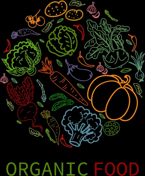 contraste de fundo alimentar multicolorido desenha ícones vegetais
