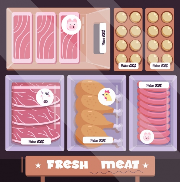 latar belakang makanan nampan daging menampilkan ikon berwarna datar