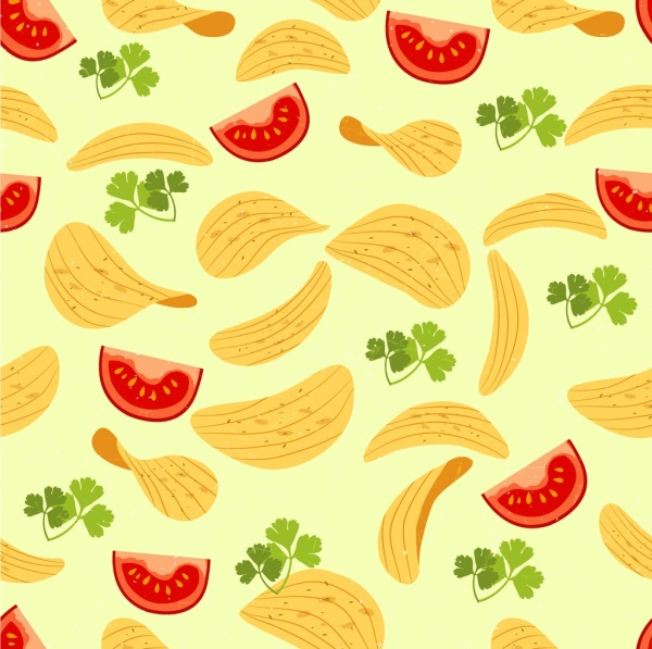 Makanan latar belakang tomat chip ikon warna-warni berulang desain