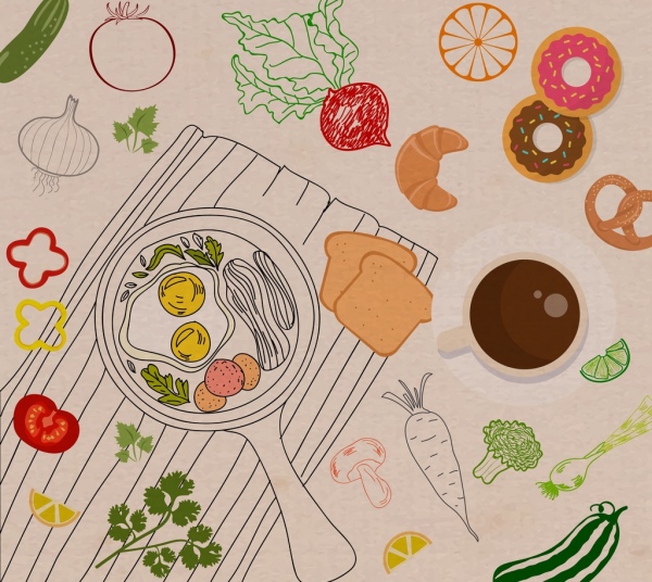 الغذاء الخضار والبيض المقلي خلفية الايقونات رسم مرسومة باليد