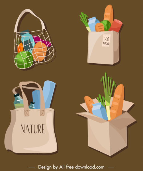 Food-Bag-Symbole bunte klassische 3d Skizze
