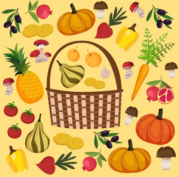 fundo da cesta de alimentos decoração clássica multicolorida