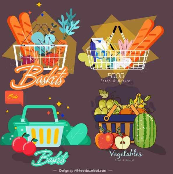 ícones da cesta de alimentos design clássico de cor escura