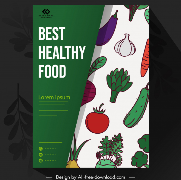 brosur makanan template warna-warni klasik sayuran datar sketsa