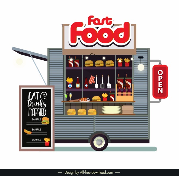 ikon toko mobil makanan berwarna sketsa datar modern