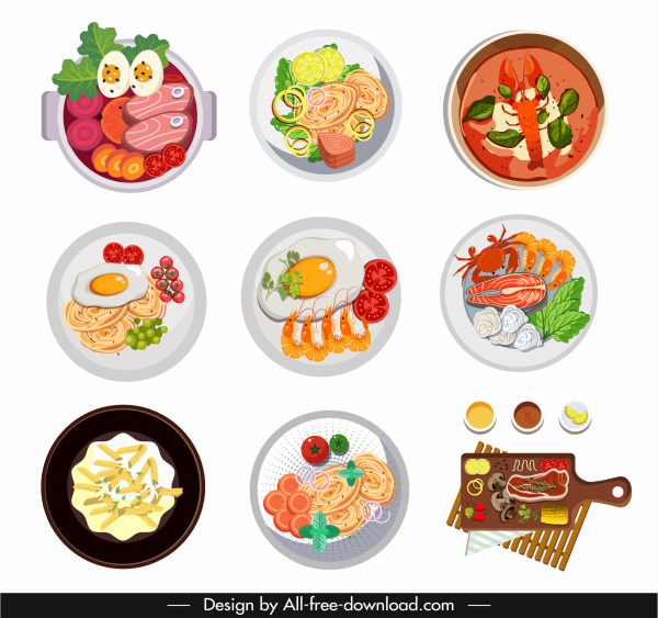 ikon masakan makanan warna-warni sketsa datar klasik