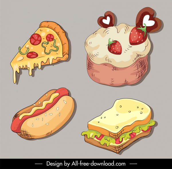 Essen Design Elemente Pizza Hotdog Sandwich Kuchen Skizze