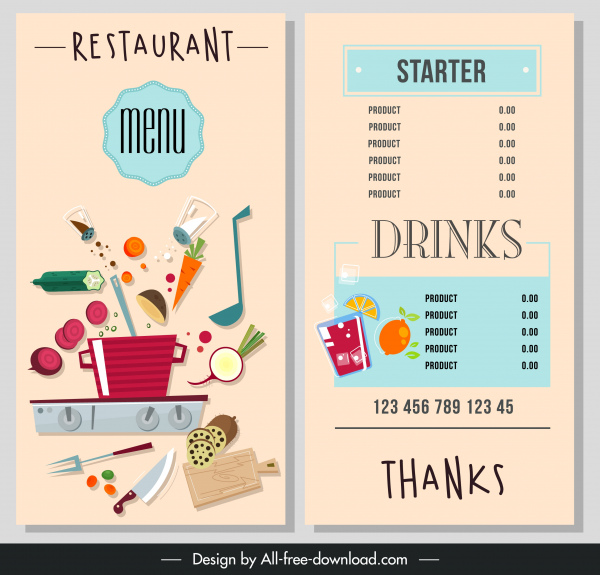 menu de boissons alimentaires modèle coloré ingrédients classiques décor
