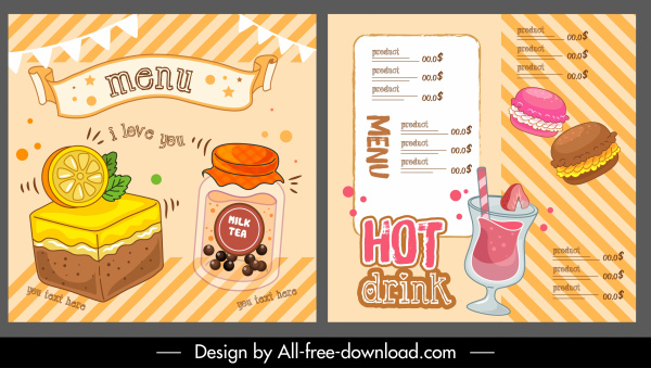modelo menu de bebidas alimentares colorido projeto dinâmico desenhado à mão