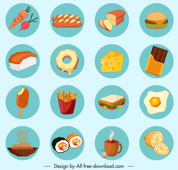 음식 음료 표지판 아이콘 다채로운 고전 스케치 서클 격리